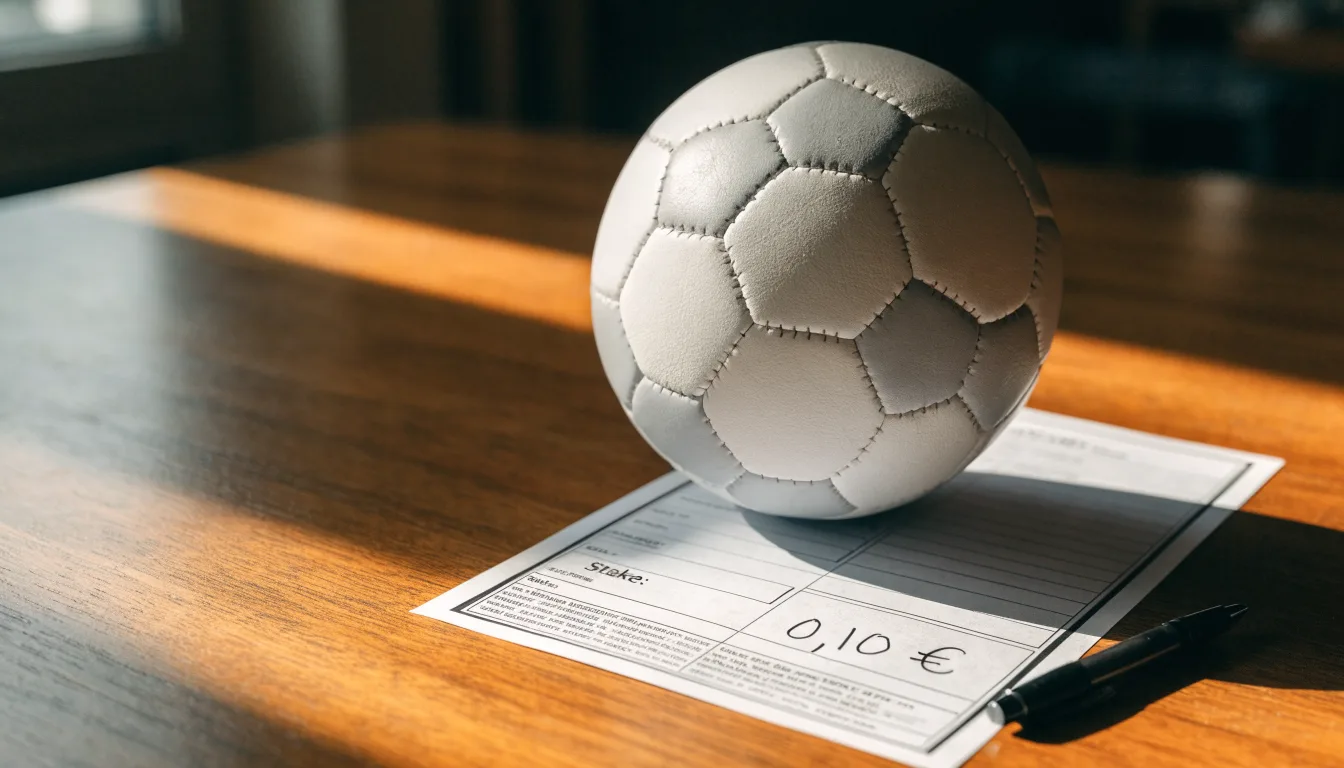Uma bola de futebol pousada sobre um talão de apostas em branco numa mesa de madeira, à luz do dia