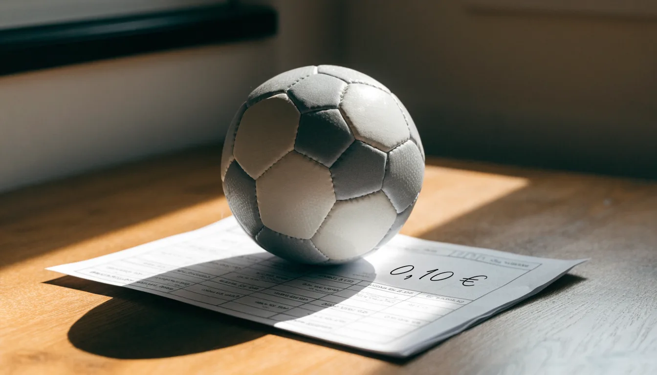 Uma bola de futebol pousada sobre um talão de apostas em branco numa mesa de madeira, à luz do dia