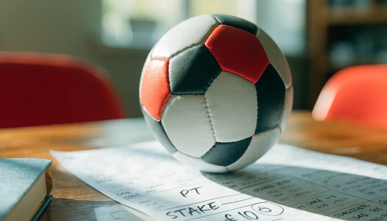 Uma bola de futebol pousada sobre um talão de apostas em branco numa mesa de madeira, à luz do dia