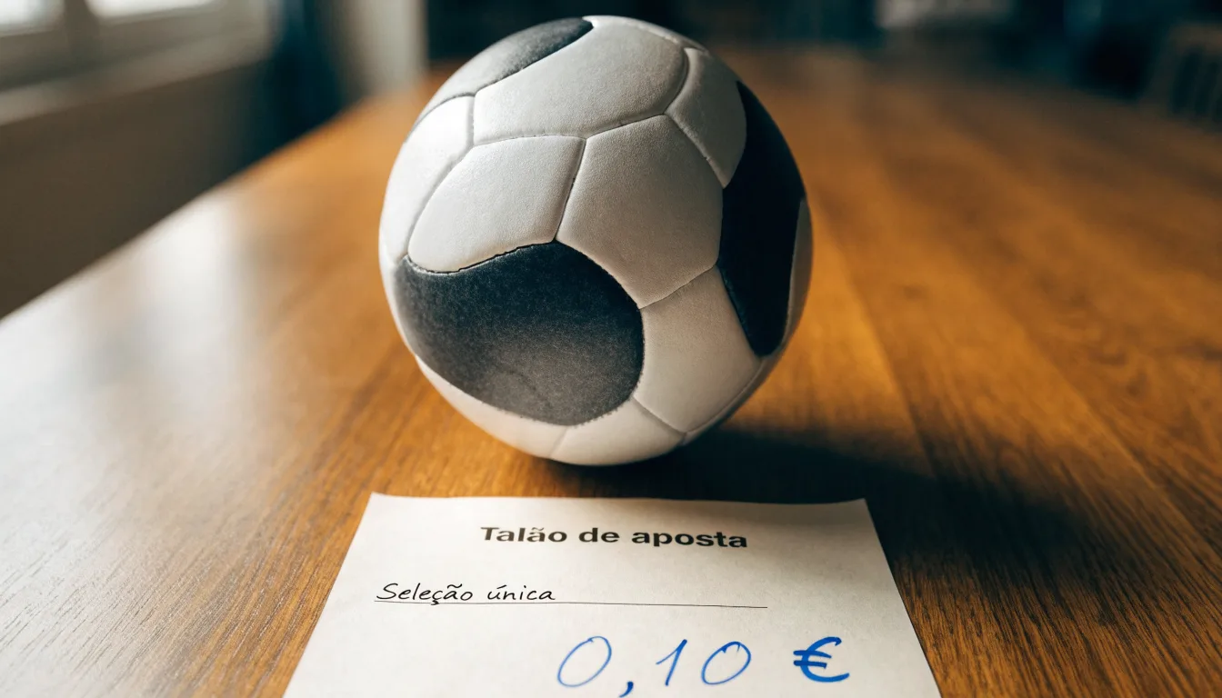 Uma bola de futebol pousada sobre um talão de apostas em branco numa mesa de madeira, à luz do dia