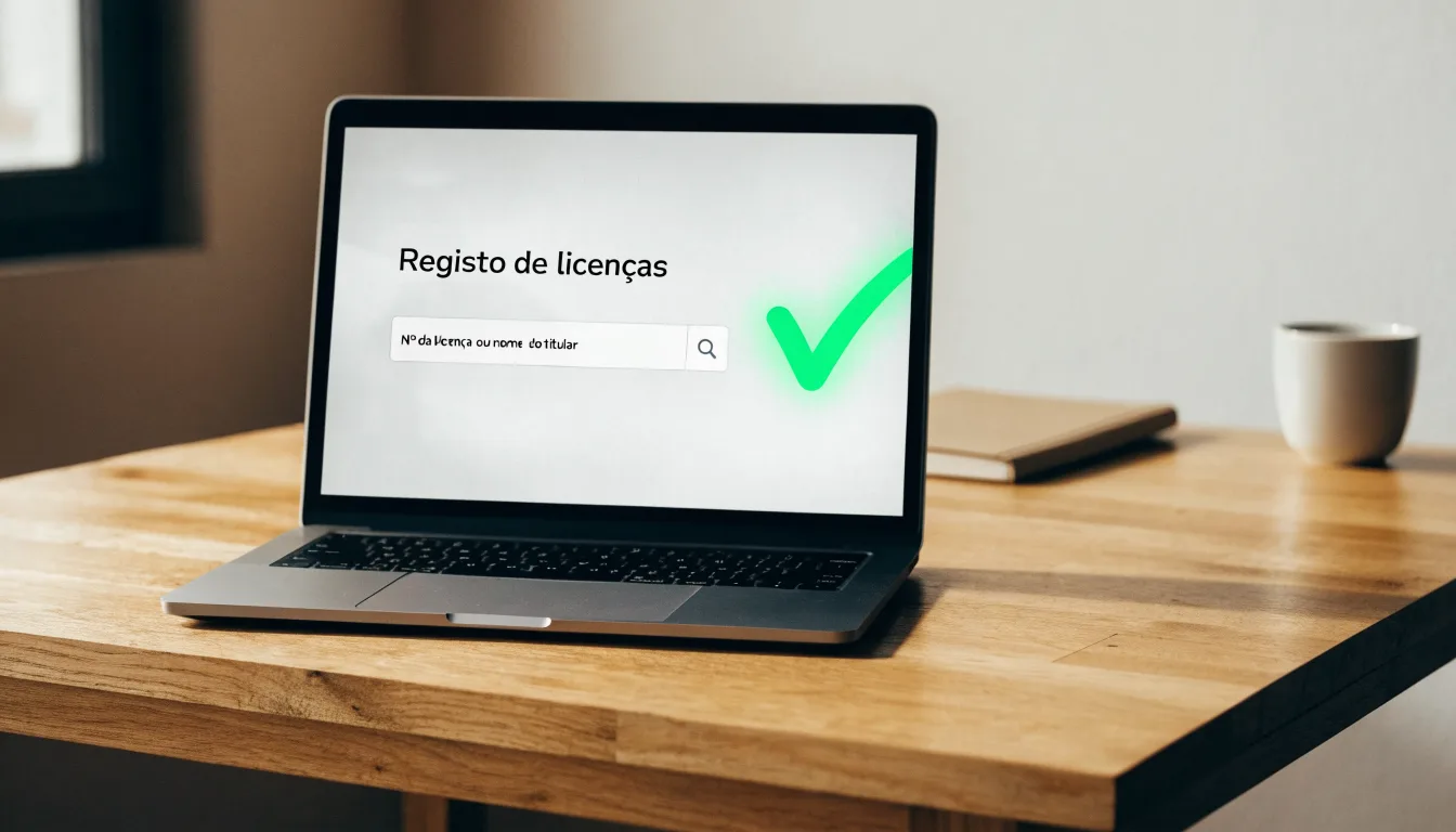 Uma folha de licença em papel com um selo vermelho, pousada numa secretária de madeira ao lado de uma caneta