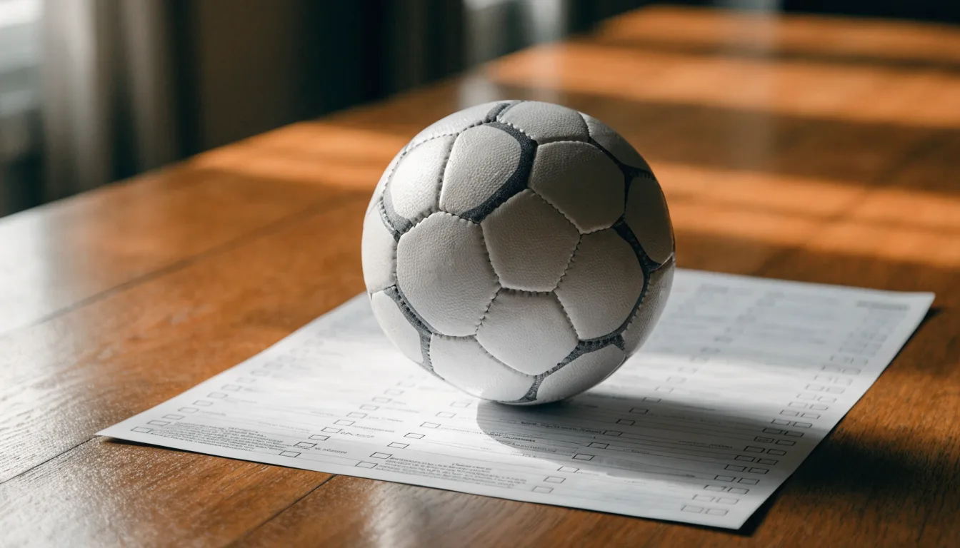 Uma bola de futebol pousada sobre um talão de apostas em branco numa mesa de madeira, à luz do dia