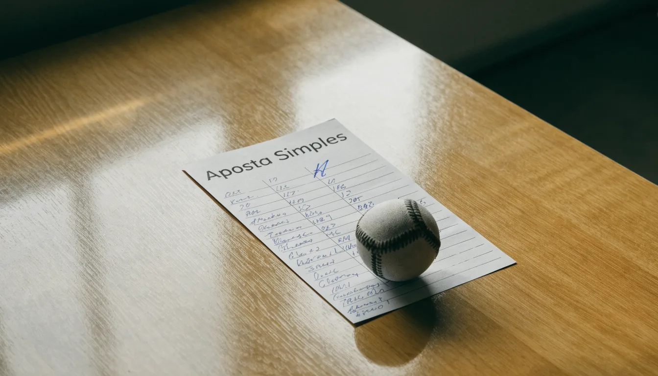 Uma bola de futebol pousada sobre um talão de apostas em branco numa mesa de madeira, à luz do dia