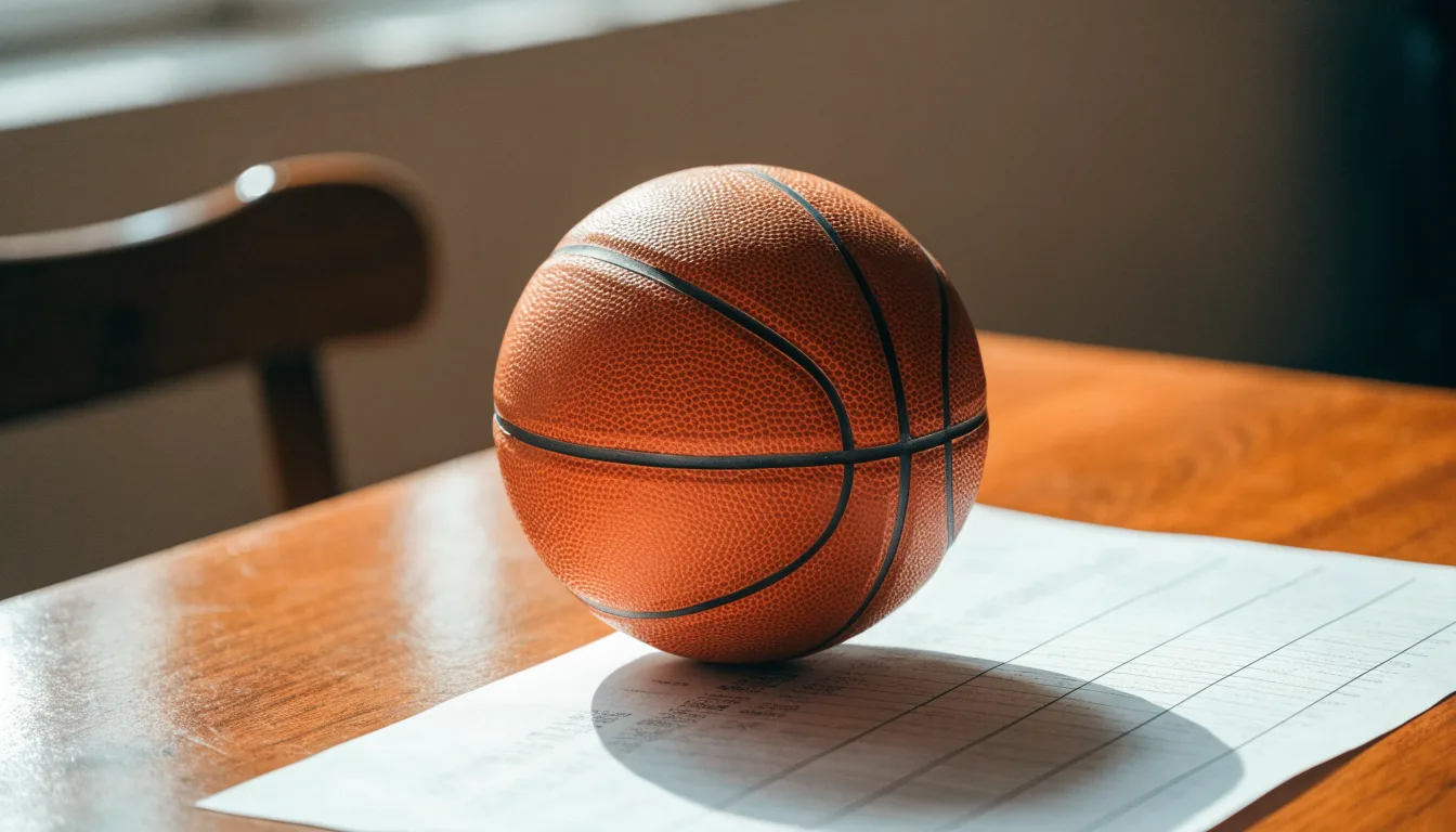Uma bola de futebol pousada sobre um talão de apostas em branco numa mesa de madeira, à luz do dia