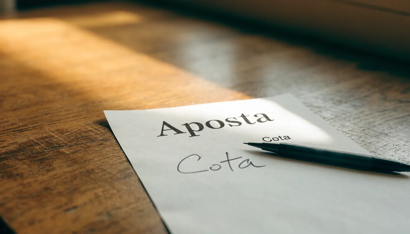 Uma bola de futebol pousada sobre um talão de apostas em branco numa mesa de madeira, à luz do dia