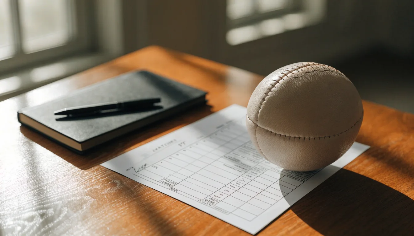Uma bola de futebol pousada sobre um talão de apostas em branco numa mesa de madeira, à luz do dia
