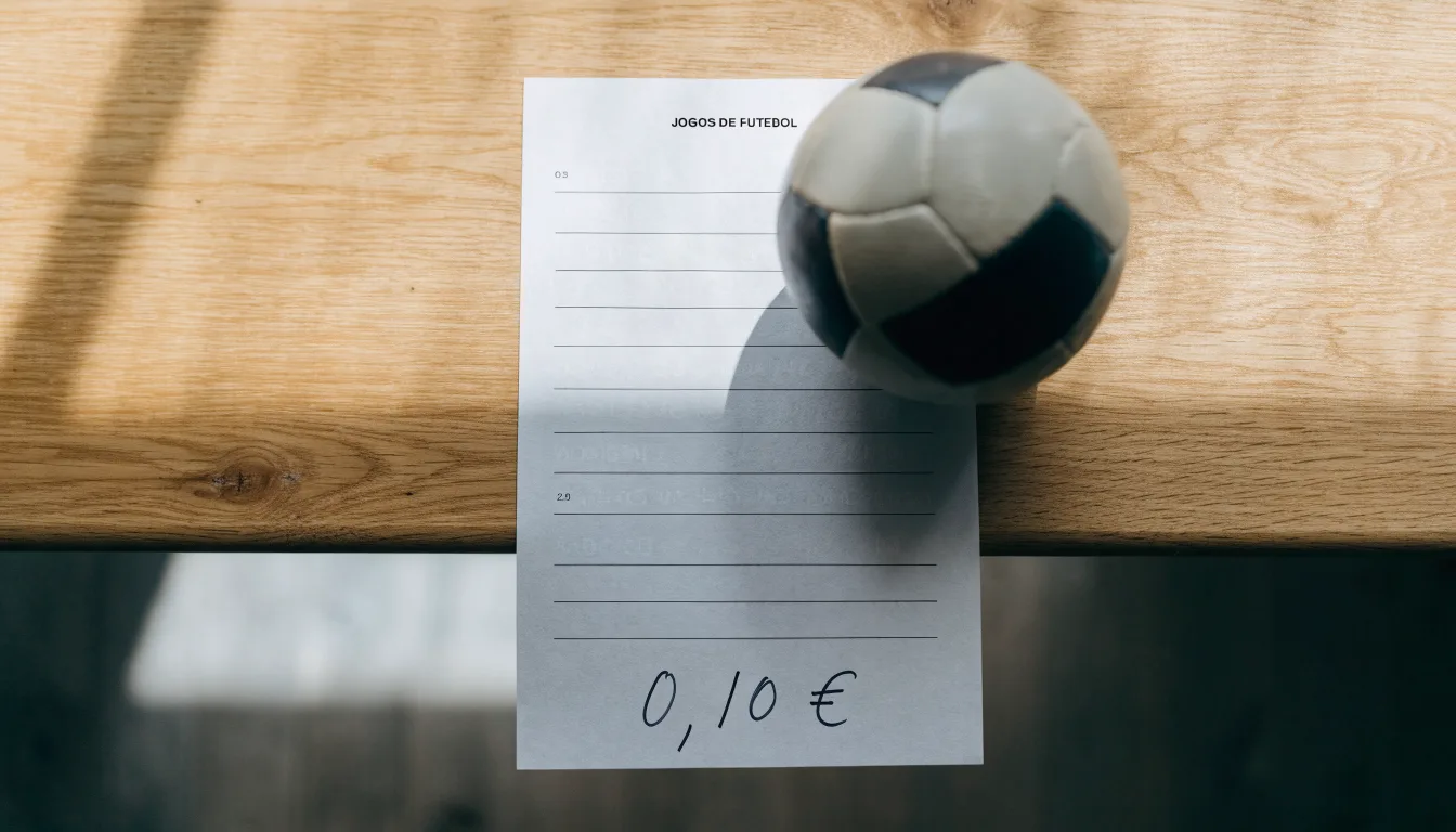 Uma bola de futebol pousada sobre um talão de apostas em branco numa mesa de madeira, à luz do dia