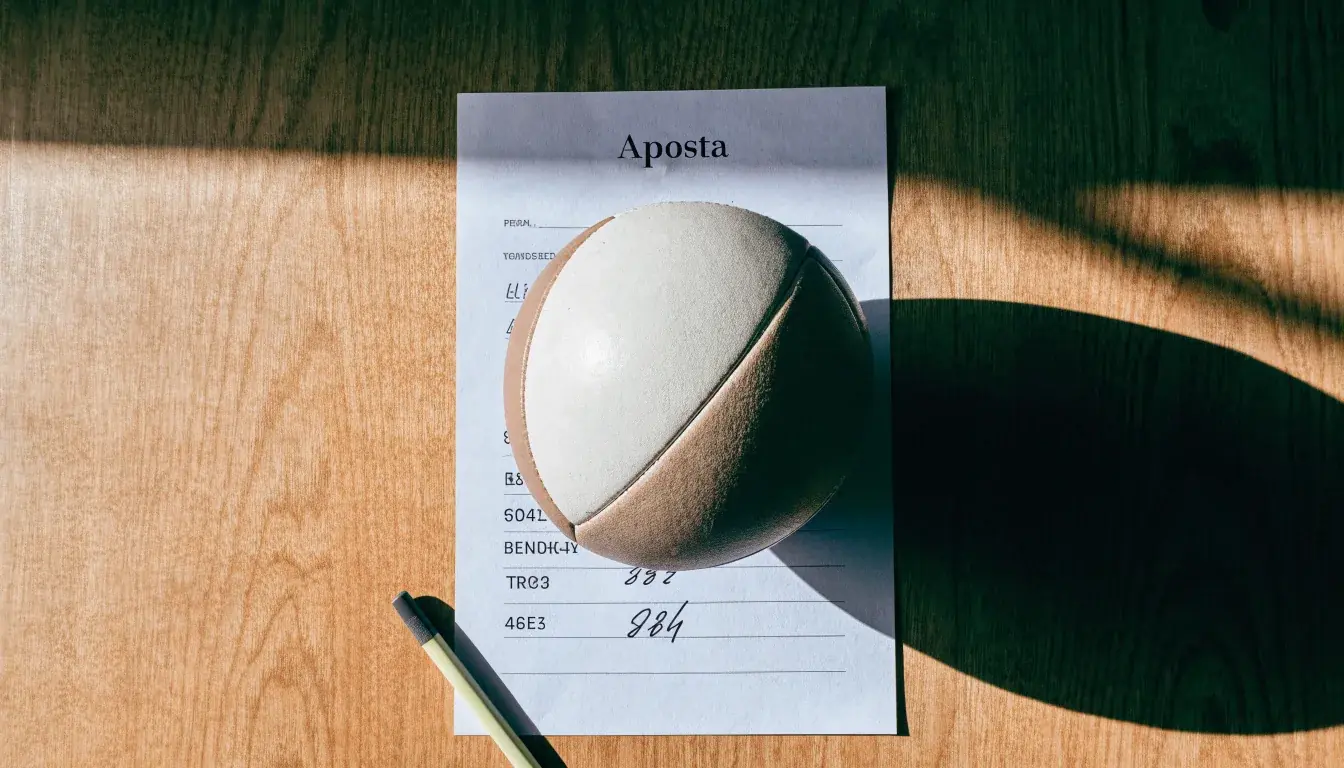 Uma bola de futebol pousada sobre um talão de apostas em branco numa mesa de madeira, à luz do dia