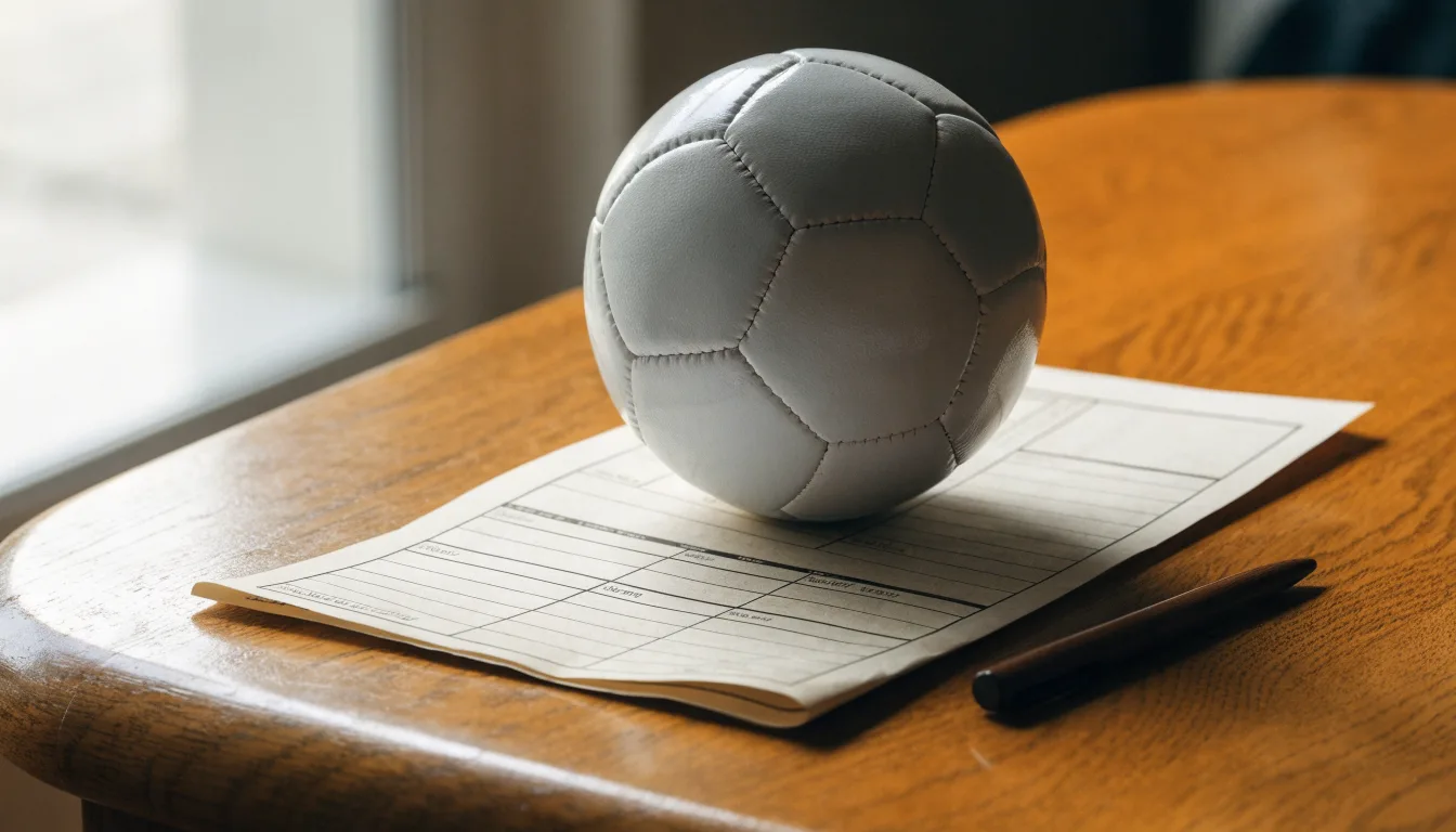 Uma bola de futebol pousada sobre um talão de apostas em branco numa mesa de madeira, à luz do dia