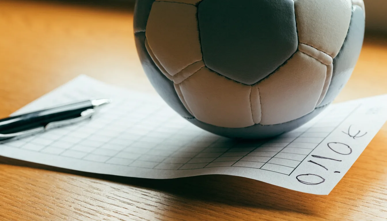Uma bola de futebol pousada sobre um talão de apostas em branco numa mesa de madeira, à luz do dia