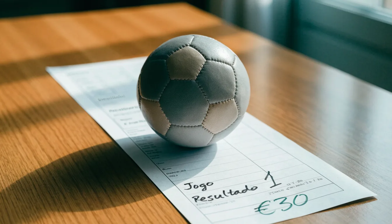 Uma bola de futebol pousada sobre um talão de apostas em branco numa mesa de madeira, à luz do dia