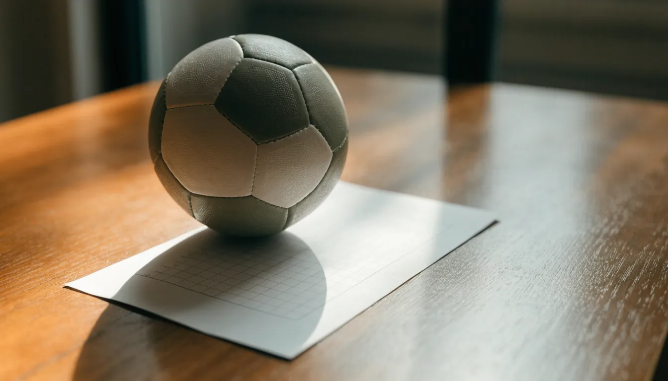 Uma bola de futebol pousada sobre um talão de apostas em branco numa mesa de madeira, à luz do dia