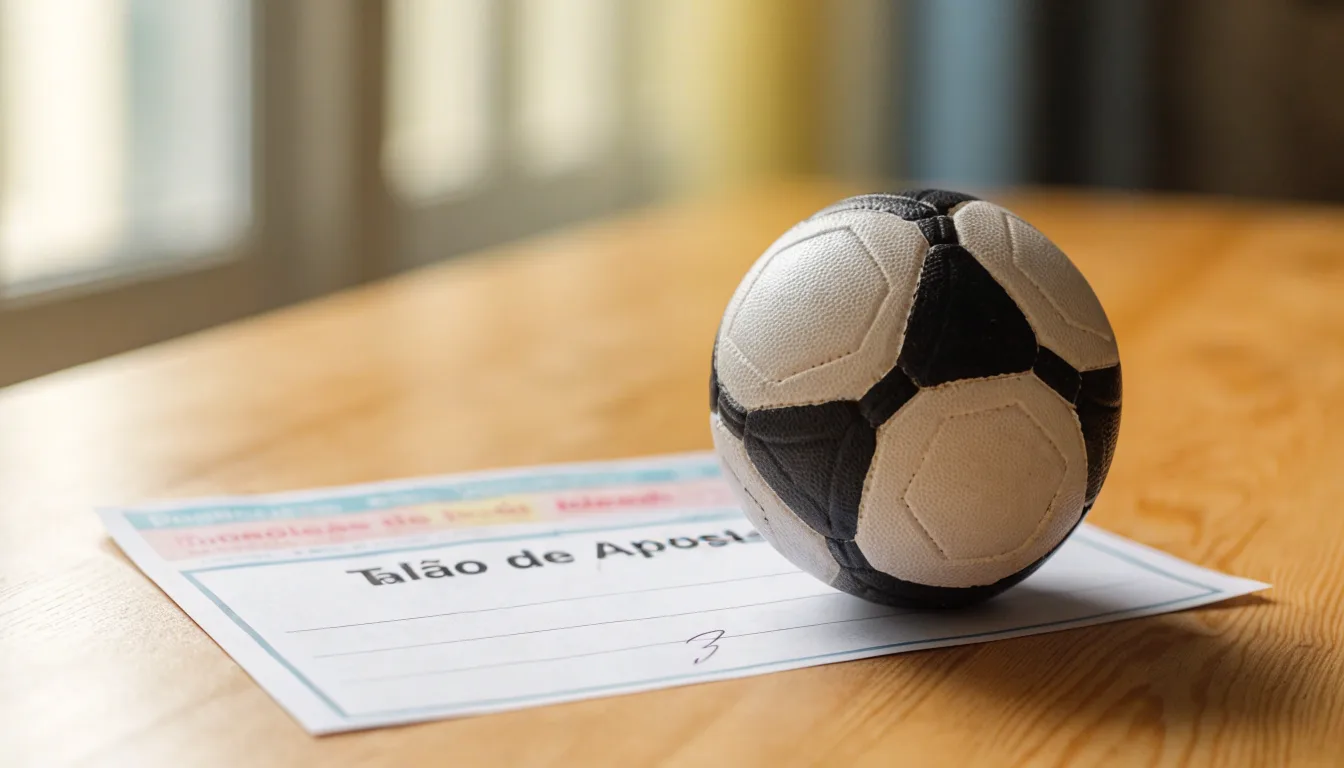 Uma bola de futebol pousada sobre um talão de apostas em branco numa mesa de madeira, à luz do dia