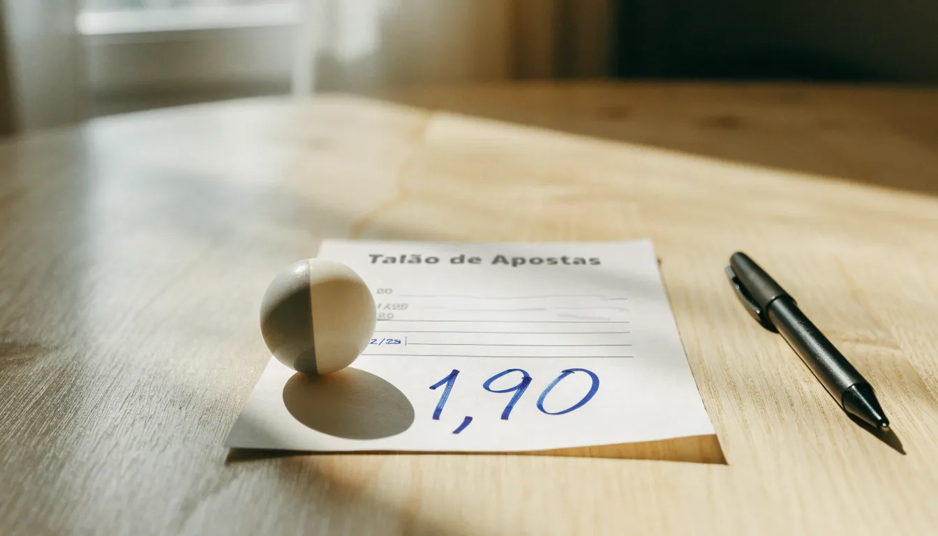 Uma bola de futebol pousada sobre um talão de apostas em branco numa mesa de madeira, à luz do dia