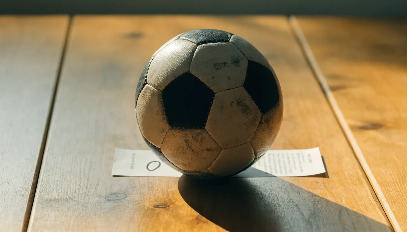 Uma bola de futebol pousada sobre um talão de apostas em branco numa mesa de madeira, à luz do dia