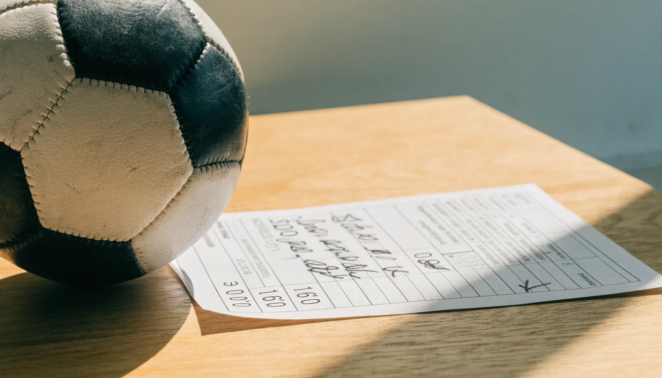 Uma bola de futebol pousada sobre um talão de apostas em branco numa mesa de madeira, à luz do dia
