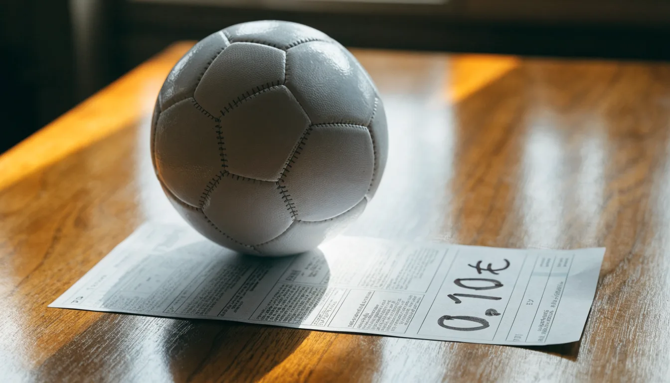 Uma bola de futebol pousada sobre um talão de apostas em branco numa mesa de madeira, à luz do dia