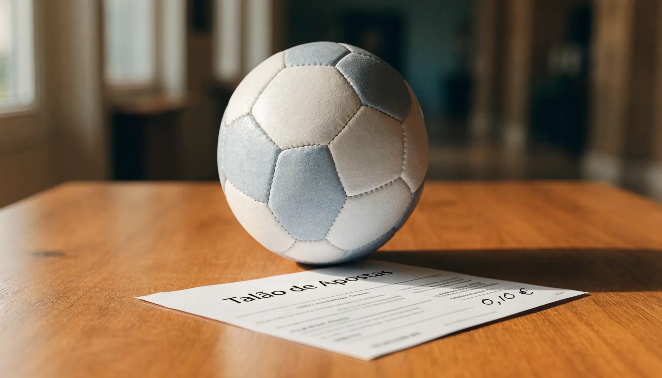 Uma bola de futebol pousada sobre um talão de apostas em branco numa mesa de madeira, à luz do dia