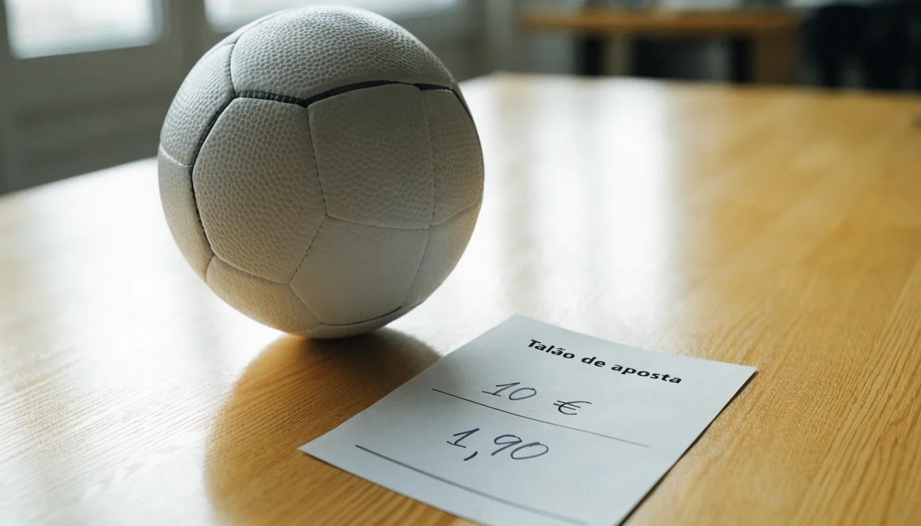 Uma bola de futebol pousada sobre um talão de apostas em branco numa mesa de madeira, à luz do dia