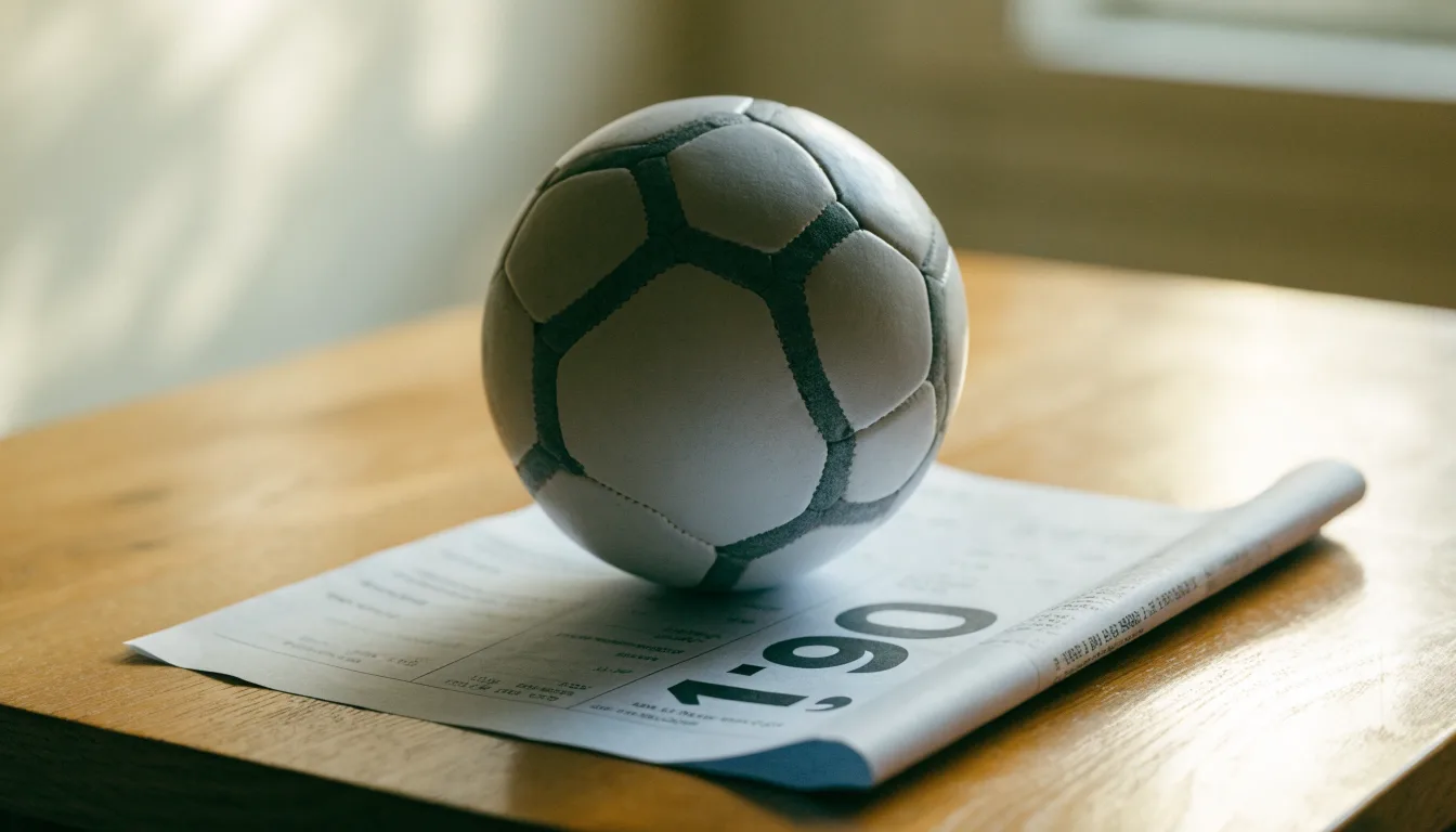 Uma bola de futebol pousada sobre um talão de apostas em branco numa mesa de madeira, à luz do dia