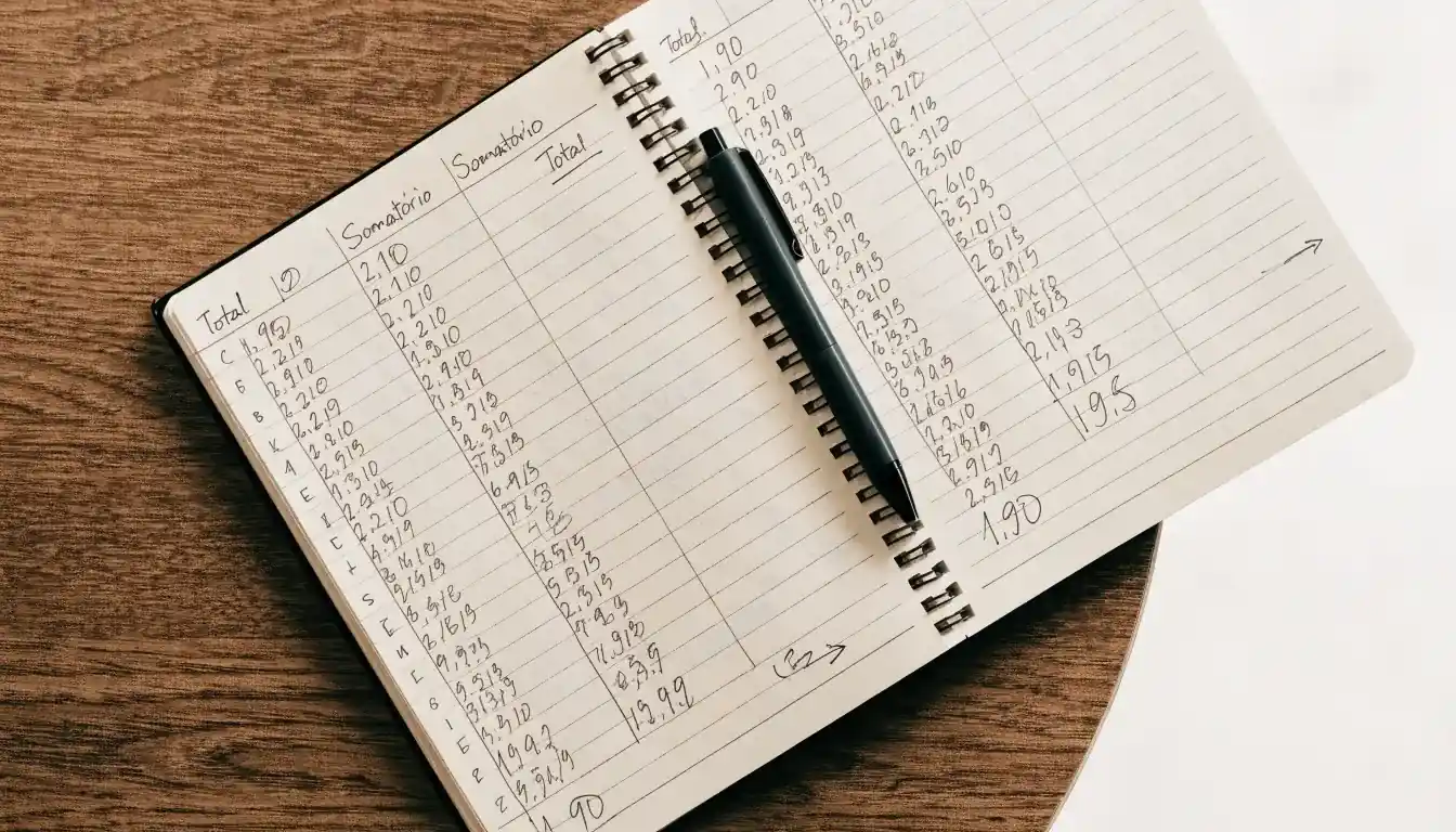 Um caderno aberto com cotas escritas à mão, uma calculadora e um lápis sobre uma mesa de madeira