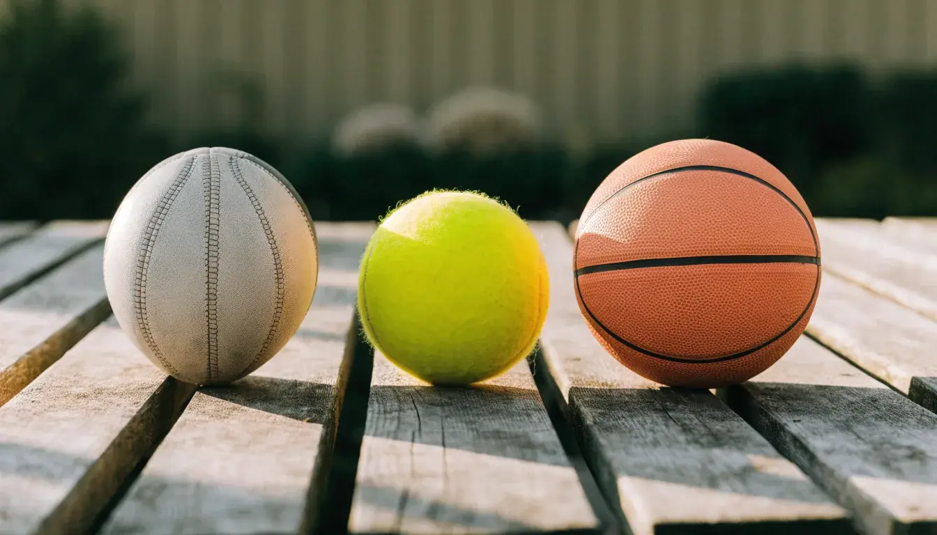 Três bolas de desportos diferentes alinhadas lado a lado num banco de madeira