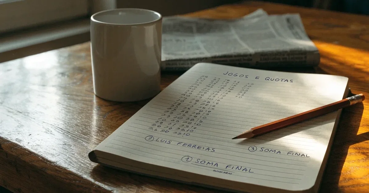 Um caderno aberto com cotas escritas à mão, uma calculadora e um lápis sobre uma mesa de madeira
