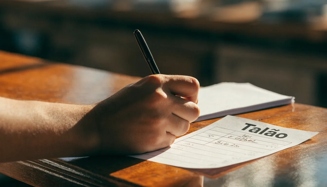 Um cartão de oferta com uma fita dourada ao lado de um talão de apostas numa bancada de madeira