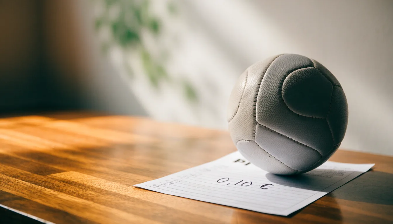 Uma bola de futebol pousada sobre um talão de apostas em branco numa mesa de madeira, à luz do dia