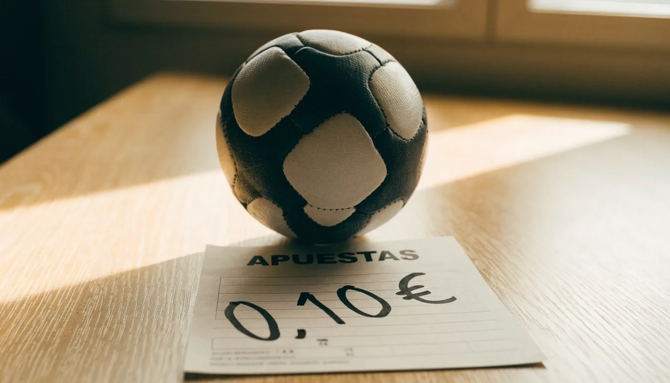 Uma bola de futebol pousada sobre um talão de apostas em branco numa mesa de madeira, à luz do dia