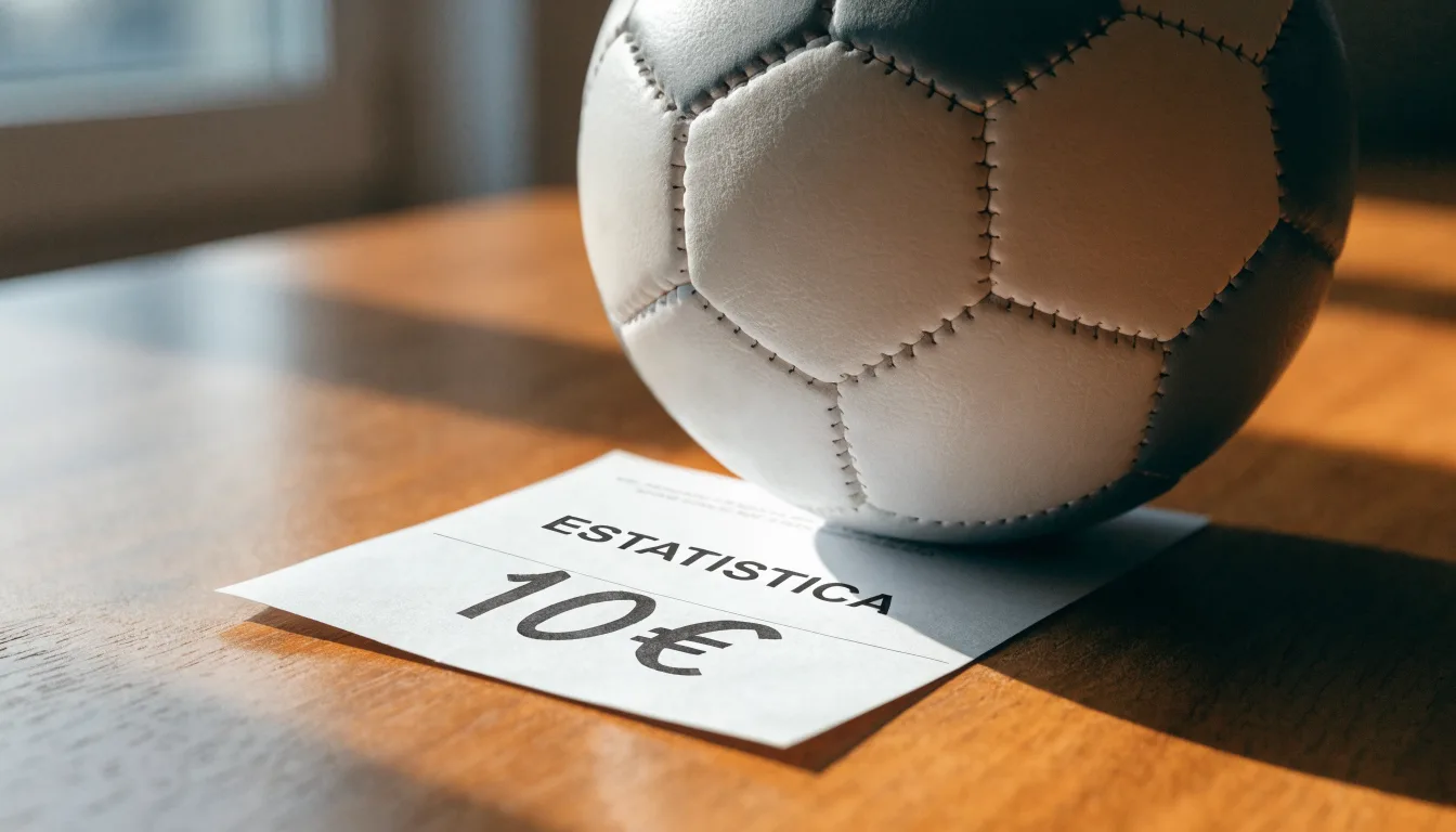 Uma bola de futebol pousada sobre um talão de apostas em branco numa mesa de madeira, à luz do dia