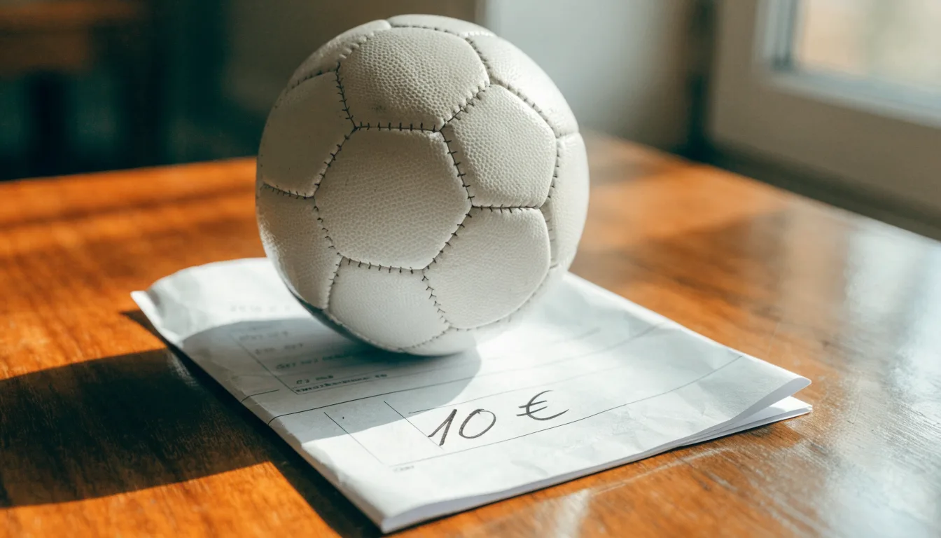 Uma bola de futebol pousada sobre um talão de apostas em branco numa mesa de madeira, à luz do dia
