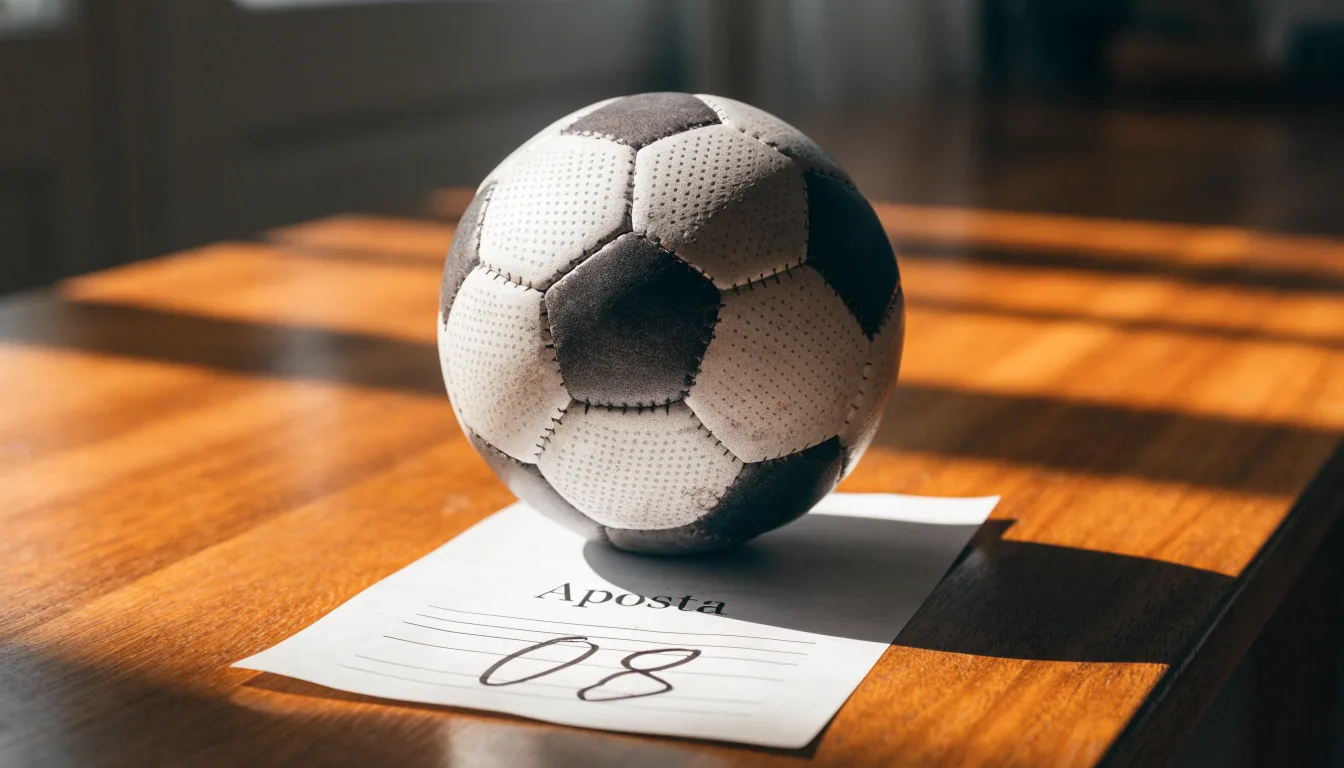 Uma bola de futebol pousada sobre um talão de apostas em branco numa mesa de madeira, à luz do dia