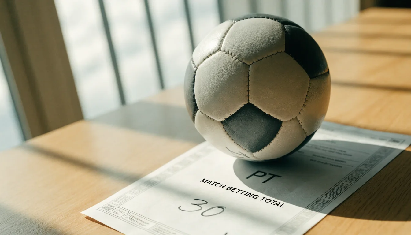 Uma bola de futebol pousada sobre um talão de apostas em branco numa mesa de madeira, à luz do dia