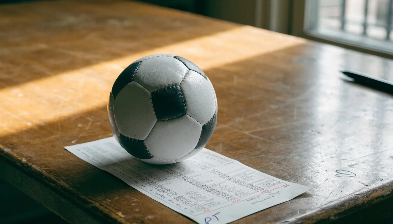 Uma bola de futebol pousada sobre um talão de apostas em branco numa mesa de madeira, à luz do dia