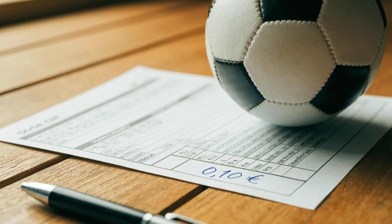 Uma bola de futebol pousada sobre um talão de apostas em branco numa mesa de madeira, à luz do dia