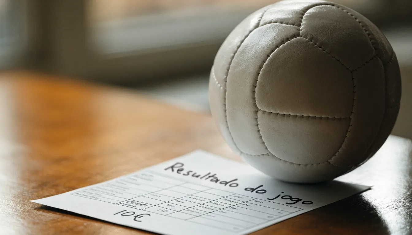Uma bola de futebol pousada sobre um talão de apostas em branco numa mesa de madeira, à luz do dia